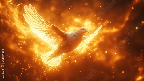 ethereal dove descending through beams of golden light stylized flames and wind suggest the holy spirit warm colors and soft focus create spiritual pentecostal atmosphere photo