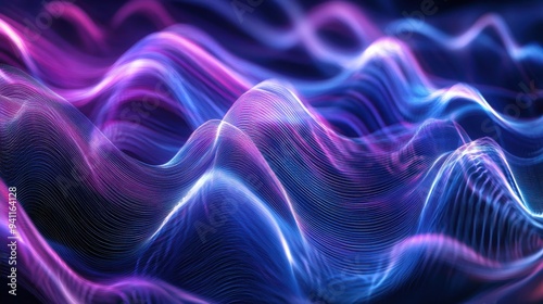 Abstract Purple and Blue Neon Light Waves Pattern Background.