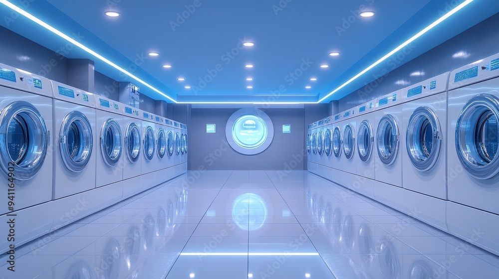 Modern High-Tech Laundry Room with Rows of Washing Machines and Blue LED Lighting Modern High-Tech Laundry Room with Rows of Washing Machines and Blue LED Lighting