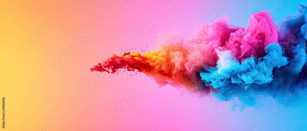 Naklejka premium Vibrant cloud of colored smoke blending shades of pink, blue, and orange against a soft gradient background, creating a visually striking effect.