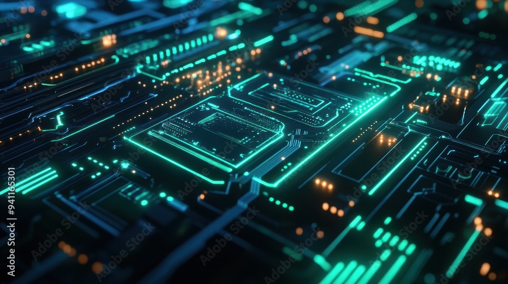 Futuristic Circuit Board with Glowing Green and Orange Lines - Abstract Technology Background. Futuristic Circuit Board with Glowing Green and Orange Lines - Abstract Technology Background.