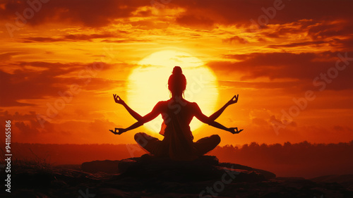 Silhouette of a multi-armed meditator merging with the fiery sunset, symbolizing spiritual transcendence and unity with the universe