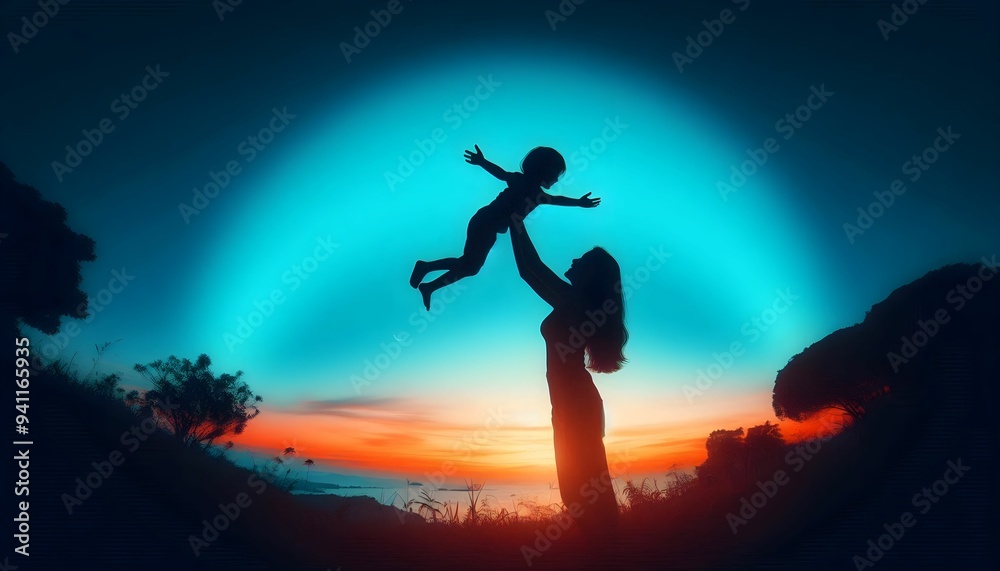 scenic view of a woman lifting a child in her hands, a moment of happiness scenic view of a woman lifting a child in her hands, a moment of happiness