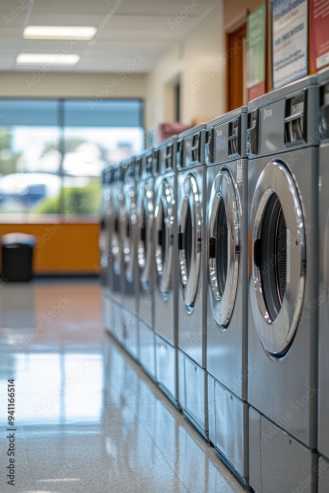 Row of Modern Washing Machines in a Bright and Clean Laundromat with Large Windows Row of Modern Washing Machines in a Bright and Clean Laundromat with Large Windows