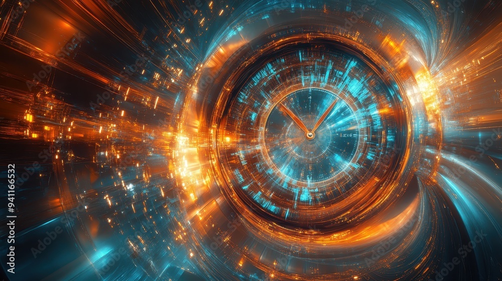 Obraz premium Abstract Clock Time Warp Concept with Glowing Orange and Blue Lines and Circles.