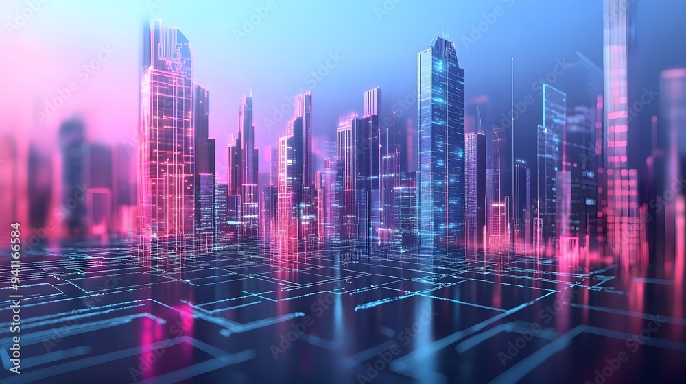 Obraz premium Futuristic cityscape featuring a modern smart city powered by cutting edge digital twin technology showcasing innovative architecture efficient infrastructure and sustainable energy solutions