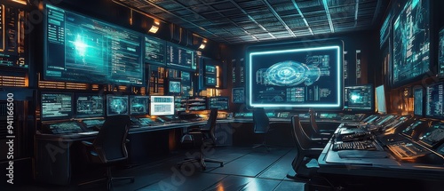 Futuristic Cyber Security Control Room Interior with Multiple Monitors and Glowing Interfaces.