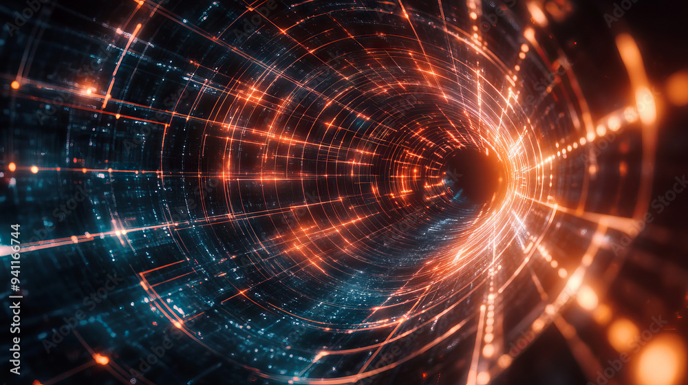 Obraz premium A 3D illustration of glowing grid lines forming a tunnel with an illuminated end, representing physical forces, black holes, and digital data transmission.
