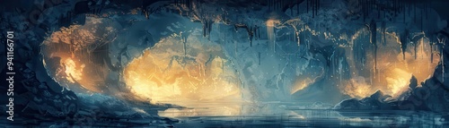 Limestone cave exploration, Fantasy, Dark, Watercolor, Emphasizing underground adventure