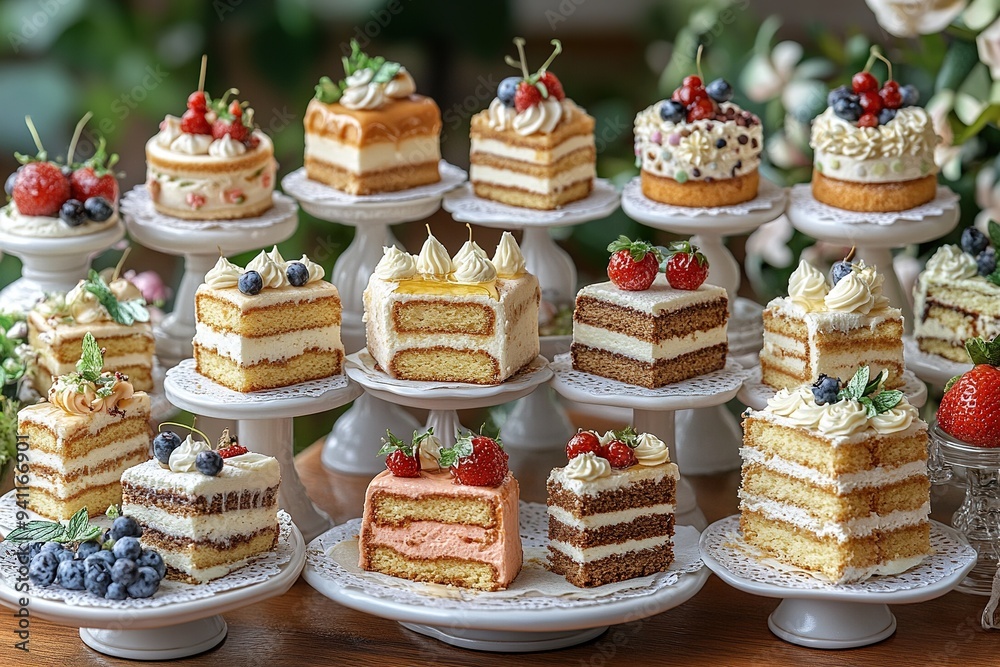 Display full of little pieces of cakes of different flavors and shapes. National cake day. Display full of little pieces of cakes of different flavors and shapes. National cake day.
