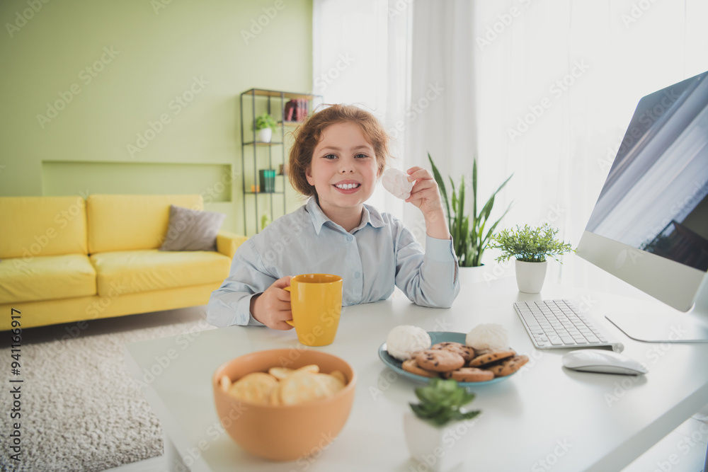 Photo of cute funny adorable girl schoolkid wearing shirt sitting chair room apartment remote education daylight indoors