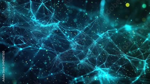 Abstract Blue Network with Glowing Particles - Futuristic Technology Background.