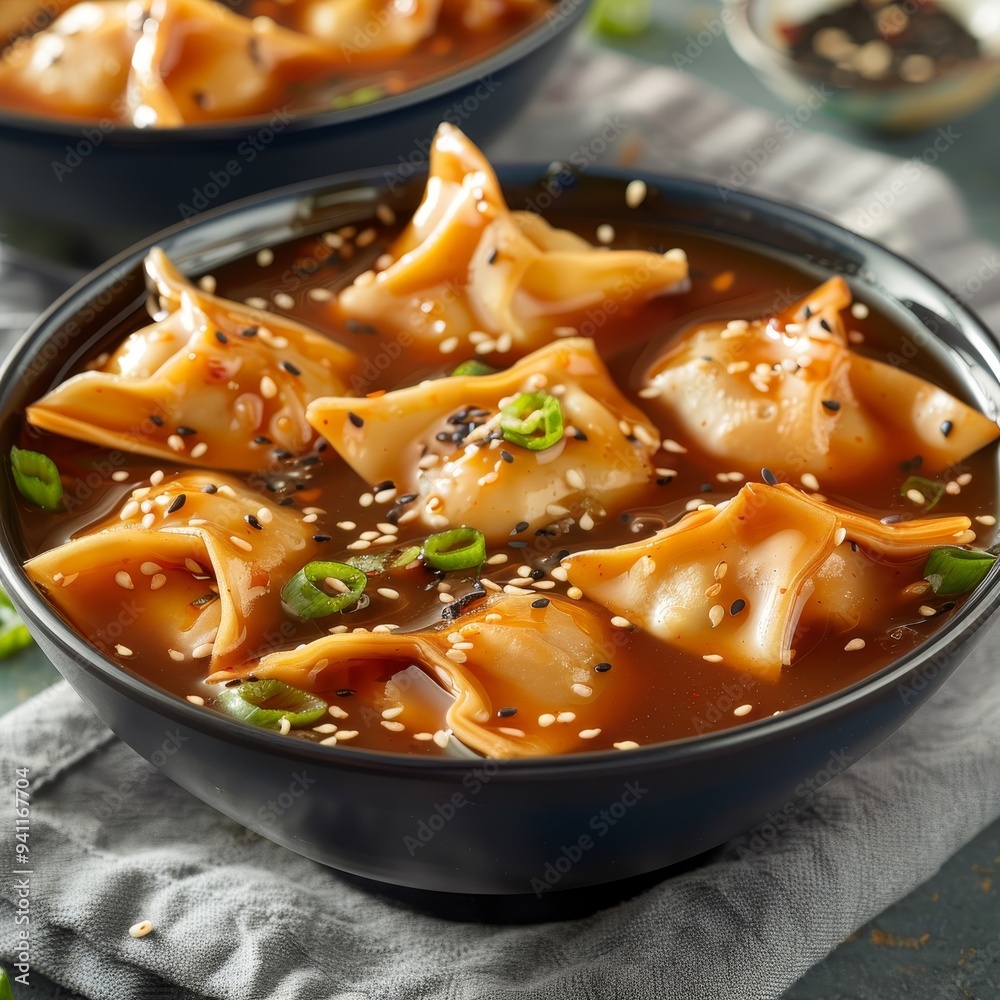 Bowl of savory dumplings in broth with sesame. Delicious homemade East Asian cuisine, close up. Bowl of savory dumplings in broth with sesame. Delicious homemade East Asian cuisine, close up.