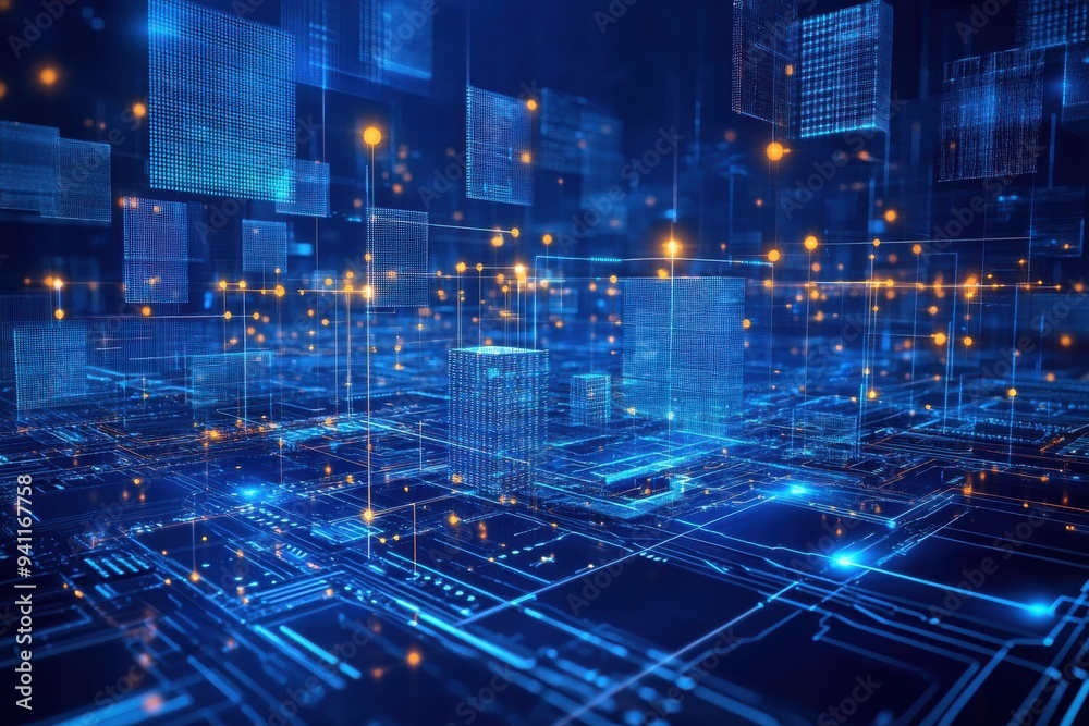 Futuristic blue circuit board with chips, big data connection technology concept Futuristic blue circuit board with chips, big data connection technology concept