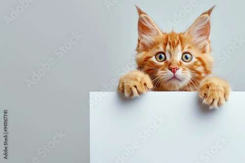 Ginger cat with empty white banner for text