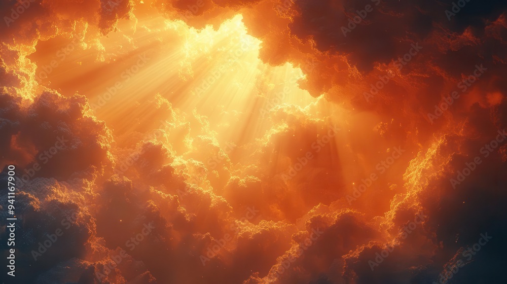 Fototapeta premium ethereal rays of light breaking through clouds creating a heavenly atmosphere spiritual and uplifting scene with golden hues