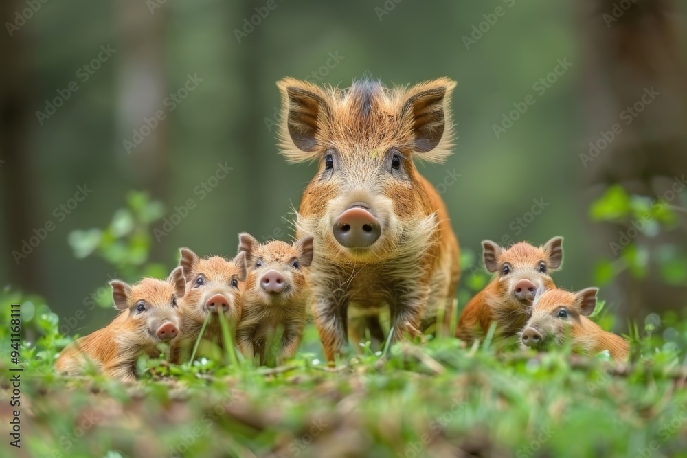 Alert Wild Boar, Sus scrofa, Sow With Piglets Standing in a Forest. Wildlife Scene From Nature. Alert Wild Boar, Sus scrofa, Sow With Piglets Standing in a Forest. Wildlife Scene From Nature.
