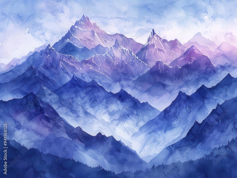 Obraz premium Majestic mountain range, Fantasy, Dramatic, Watercolor, Emphasizing aweinspiring peaks