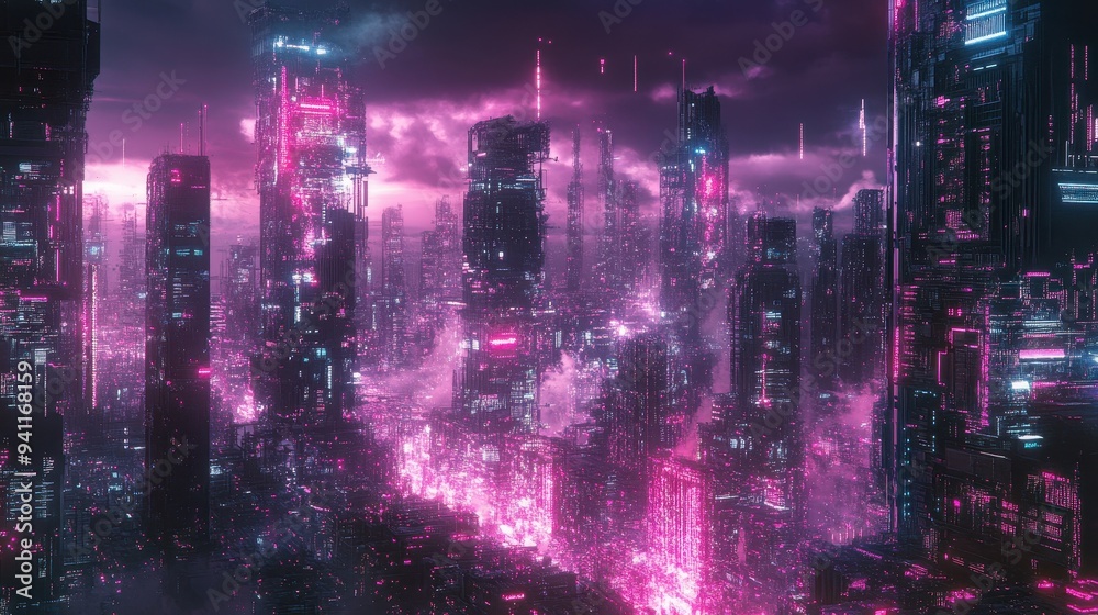 Fototapeta premium Futuristic Cityscape with Neon Lights and Pink Clouds - Cyberpunk Art.