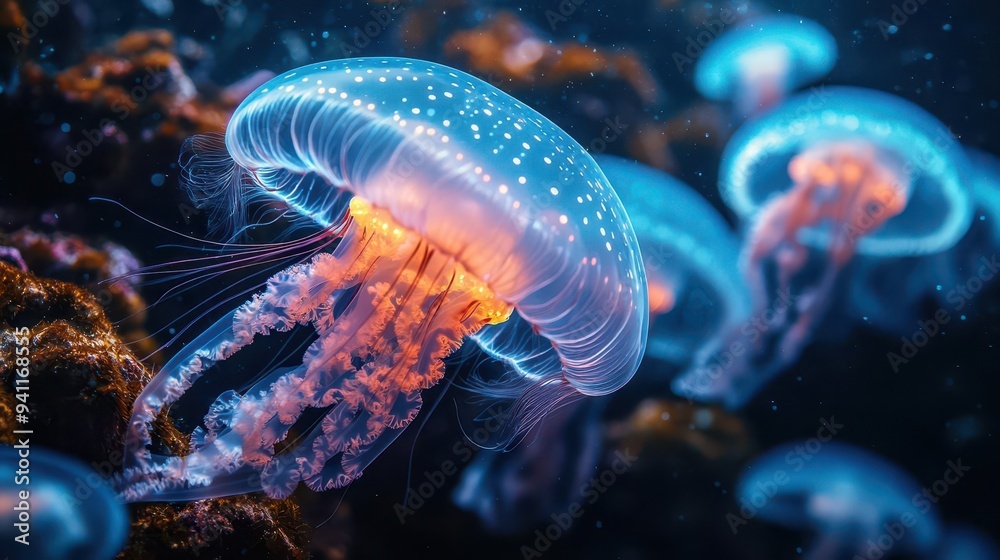Fototapeta premium ethereal underwater scene bioluminescent sea creatures illuminating dark depths graceful jellyfish drifting among coral formations shimmering fish darting through beams of light