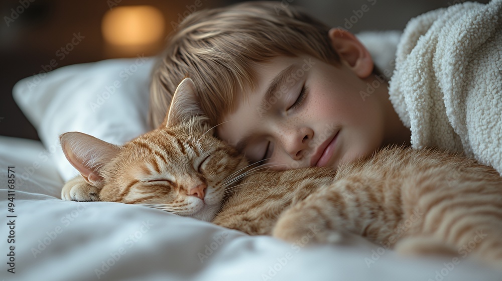 A serene moment of a child peacefully sleeping beside a cat. A serene moment of a child peacefully sleeping beside a cat.