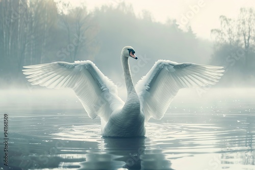 White swan with spread winds in the lake