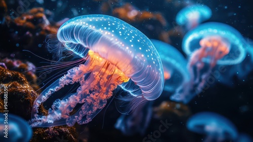 ethereal underwater scene bioluminescent sea creatures illuminating dark depths graceful jellyfish drifting among coral formations shimmering fish darting through beams of light