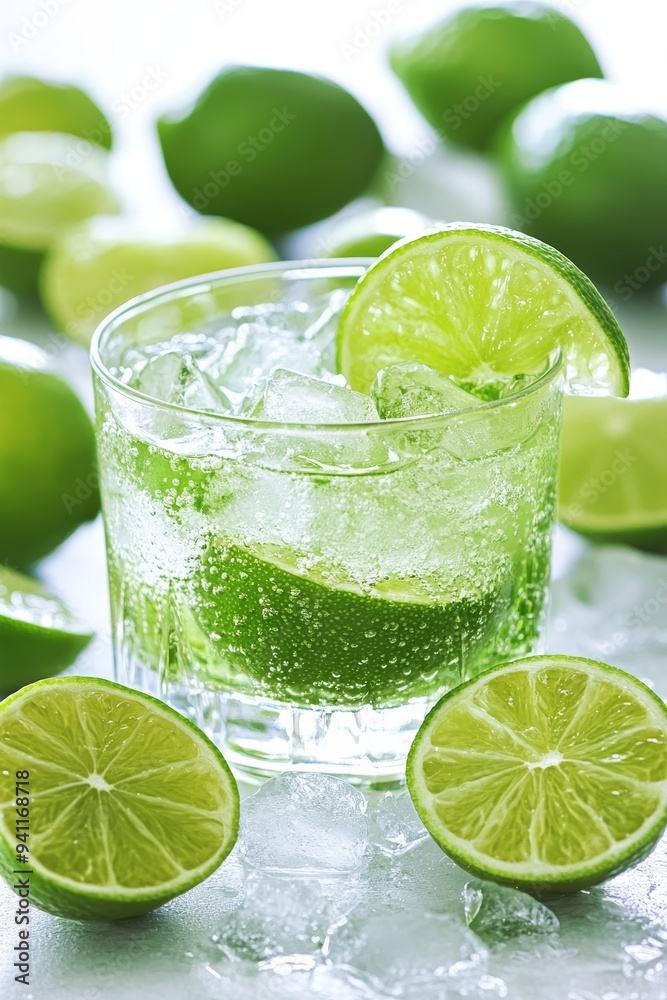Refreshing Cold Drink With Limes, Ice Cubes, And Sparkling Water Against a White Background Refreshing Cold Drink With Limes, Ice Cubes, And Sparkling Water Against a White Background