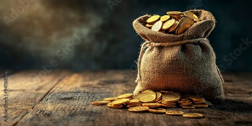 A rustic moneybag filled to the brim with golden coins, placed on a wooden table, symbolizing wealth and abundance