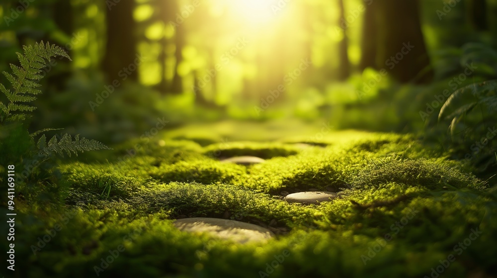 A serene forest path covered in moss and illuminated by soft sunlight. A serene forest path covered in moss and illuminated by soft sunlight.