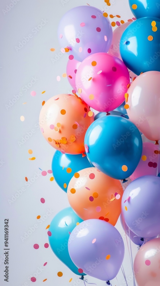 Multicoloured balloons of pink, blue, orange, purple and green float on a light blue background with golden confetti, creating a sense of celebration and festivity. Multicoloured balloons of pink, blue, orange, purple and green float on a light blue background with golden confetti, creating a sense of celebration and festivity.