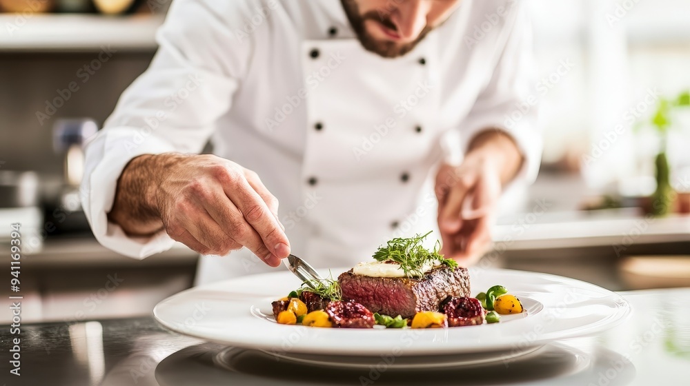 A chef meticulously plating a gourmet dish with colorful ingredients. A chef meticulously plating a gourmet dish with colorful ingredients.