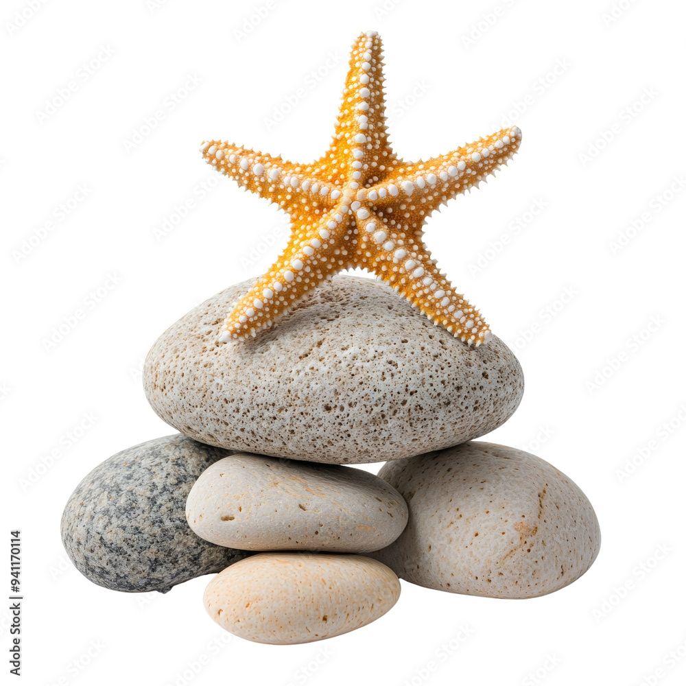 Starfish and stones on white background, concept of relaxation, meditation, and wellness Starfish and stones on white background, concept of relaxation, meditation, and wellness