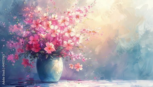 Tall cylindrical vase with flowers, Fantasy, Delicate, Watercolor, Highlighting decorative beauty