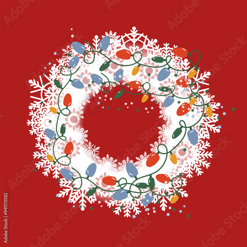 happy  new year, Wreath   , lamp decor, garland , red christmas card with snowflakes white