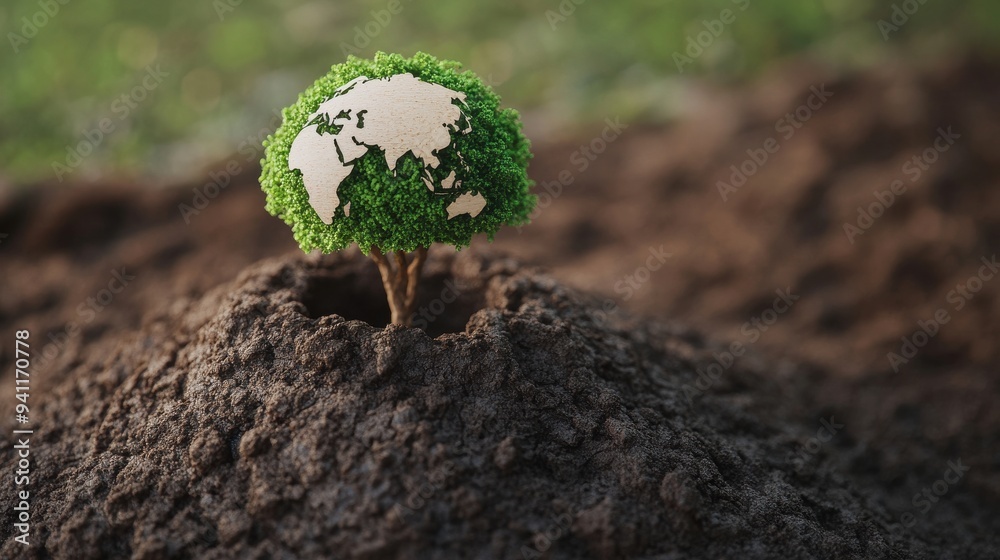 A small tree with a green globe top emerging from soil, symbolizing environmental growth and sustainability.