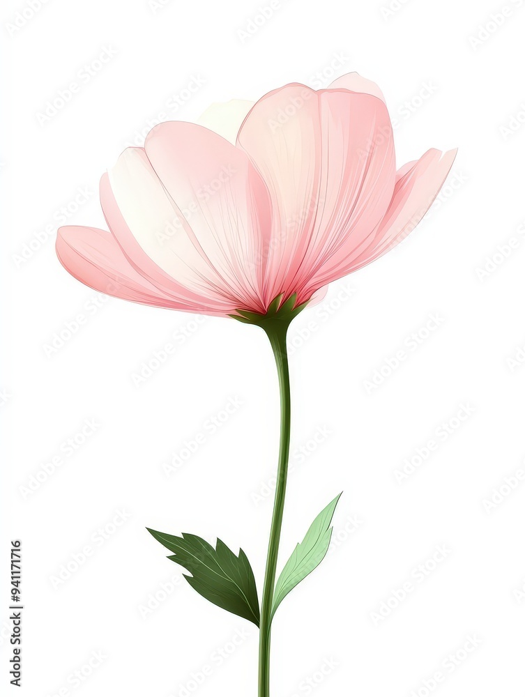 A delicate pink flower with soft petals and green leaves on a slender stem.