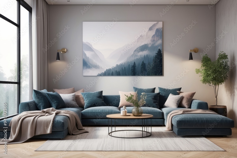Fototapeta premium Modern Living Room Interior with Sectional Sofa and Mountain Landscape Artwork