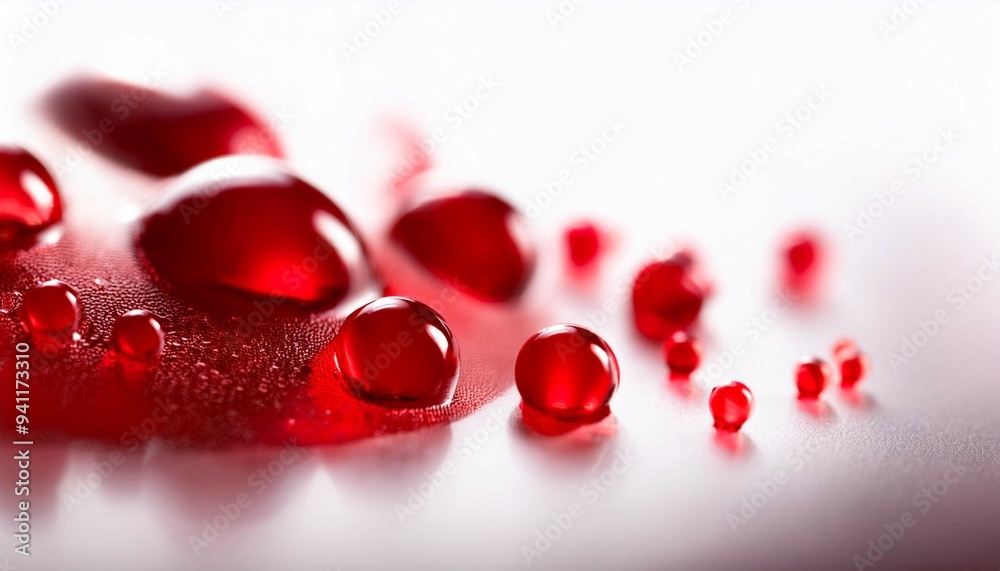 Blood drops on a white surface, symbolizing health, life, and medicine.