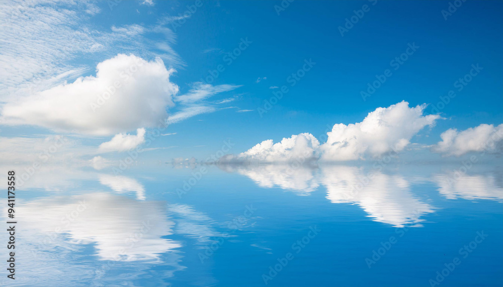 Fototapeta premium Blue Sky and Clouds Reflecting in Water and Copy Space