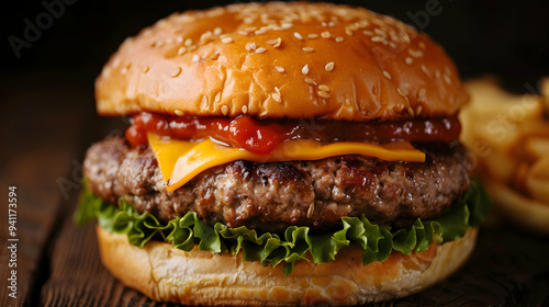 Artisanal Cheeseburger Industrial Setting Lante photo