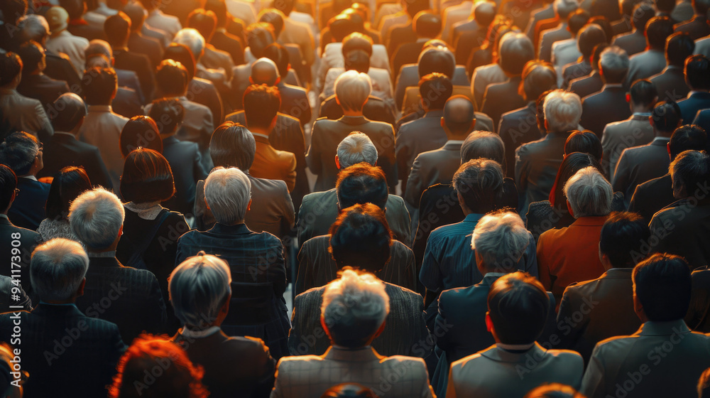 Obraz premium Large crowd of people, businessmen, rear view, sitting at a collective event, meeting. The image conveys unity, solemnity and collective purpose. Selective focus.