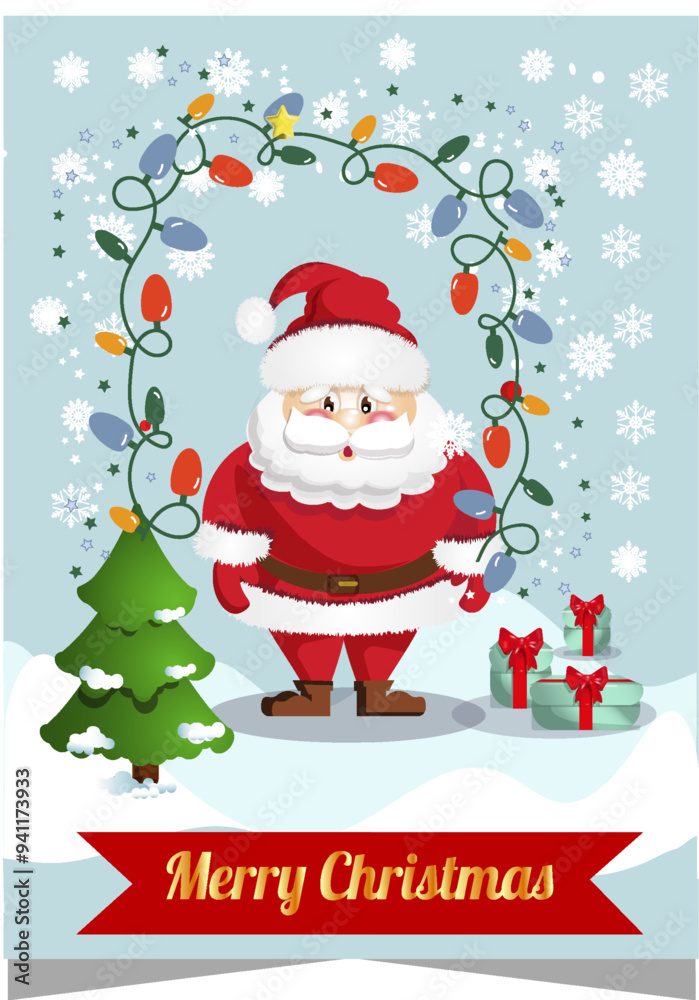christmas card with santa claus, New Year greeting , Merry Christmas, Christmas tree, snowflakes, gifts and garlands of lights against the background of a winter landscape christmas card with santa claus, New Year greeting , Merry Christmas, Christmas tree, snowflakes, gifts and garlands of lights against the background of a winter landscape