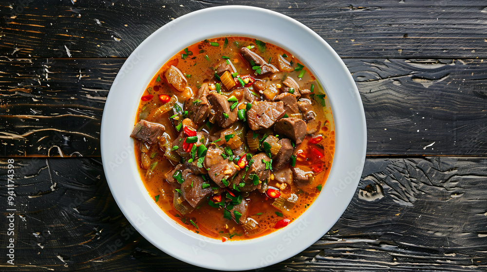 Top view of a rustic wooden table with a delicious spicy pork stew with vegetables in a white bowl Top view of a rustic wooden table with a delicious spicy pork stew with vegetables in a white bowl