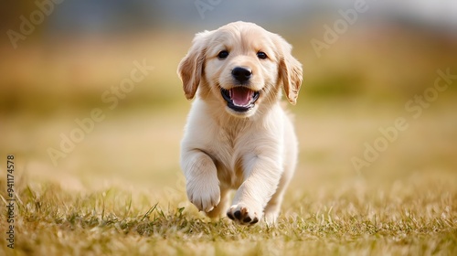 Adorable and energetic golden retriever puppy running happily towards the with its ears flapping in a grassy outdoor field or meadow with ample copy space