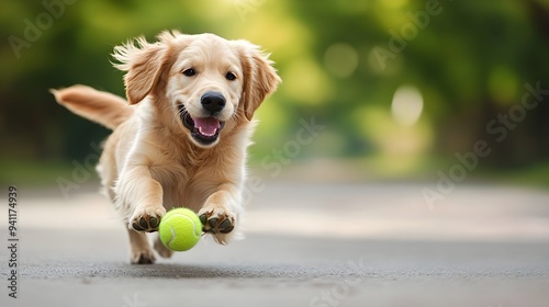 Adorable Golden Retriever puppy happily playing fetch with a tennis ball in a lush green outdoor field or backyard The energetic and playful pup is running chasing