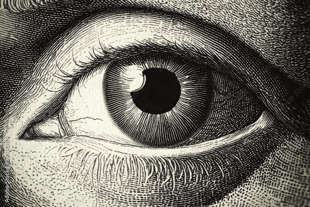 Detailed black and white illustration of a human eye, showcasing ...