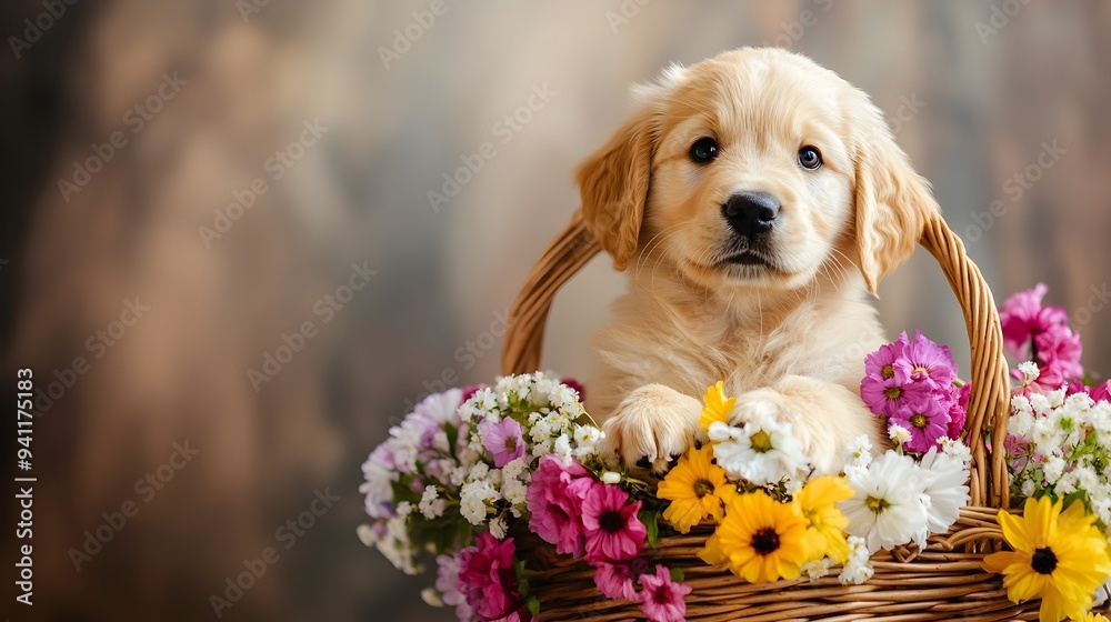 Adorable Golden Retriever Puppy Nestled in Flower Filled Basket with Copy Space Cute Puppy Resting in a Wicker Basket Surrounded by Blooming Flowers in a Serene Natural Setting Adorable Golden Retriever Puppy Nestled in Flower Filled Basket with Copy Space Cute Puppy Resting in a Wicker Basket Surrounded by Blooming Flowers in a Serene Natural Setting