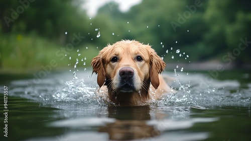 Cheerful Golden Retriever Dog Happily Swimming and Splashing Around in a Scenic Lake Surrounded by Nature