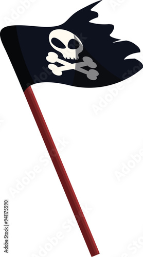 Simple cartoon drawing of a waving black pirate flag with skull and crossbones